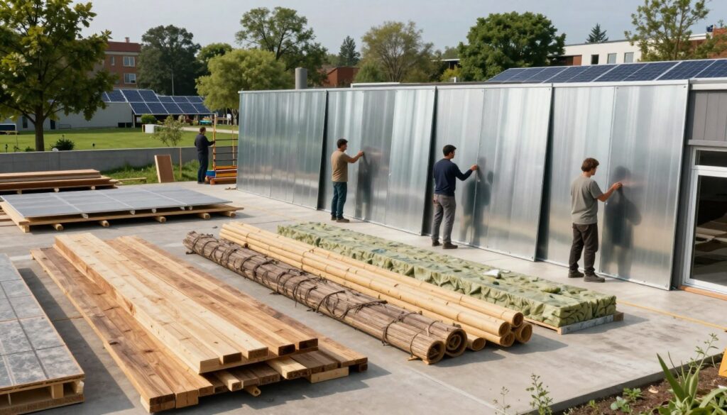 A visually striking scene showcasing sustainable building materials alongside the installation of customized metal panels. In the foreground, a collection of eco-friendly materials such as reclaimed wood, bamboo, and recycled insulation are artfully arranged. The middle ground features skilled professionals in modest casual clothing actively installing sleek, modern metal panels on a building facade, demonstrating precision and teamwork. The background reveals a vibrant, green urban landscape with trees and solar panels, symbolizing harmony with nature. Soft, natural lighting casts gentle shadows, enhancing the textures of the materials and the gleaming metal. This image embodies a mood of innovation and environmental responsibility, highlighting the benefits of sustainability in architectural design.