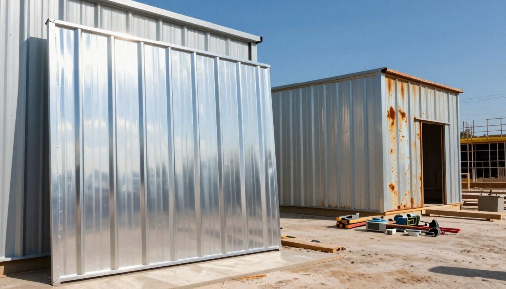 A vivid comparison of metal building panels in varying states of maintenance. In the foreground, a pristine, customized metal panel glimmers under bright, natural sunlight, showcasing its reflective surface and durability. Beside it, an older, faded panel shows visible wear and rust, illustrating the contrast in maintenance needs. The middle ground features a construction site with tools and maintenance equipment neatly arranged, indicating ongoing care. The background reveals a clear blue sky, symbolizing a long-lasting investment. The lighting is bright and inviting, casting soft shadows to enhance the texture of the panels. The overall mood is optimistic and professional, embodying the advantages of low-maintenance requirements in long-term savings for construction projects.