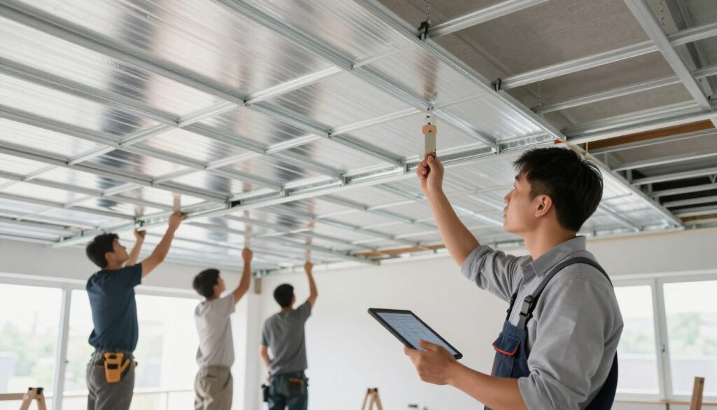 A well-lit commercial space showcasing an aluminum ceiling system installation in progress, emphasizing cost-effectiveness and efficiency. In the foreground, a professional contractor in business attire inspects the system, using a tablet to assess design and installation techniques. The middle ground features skilled workers methodically installing aluminum panels, showcasing teamwork and precision. The background highlights the sleek, modern ceiling design with reflective surfaces that convey a clean and contemporary look, accented by natural light streaming through large windows. The atmosphere is focused and collaborative, highlighting the long-term value of aluminum ceilings, with soft, balanced lighting to enhance the details of the materials. Capture from a slightly elevated angle to provide a comprehensive view of the installation process.