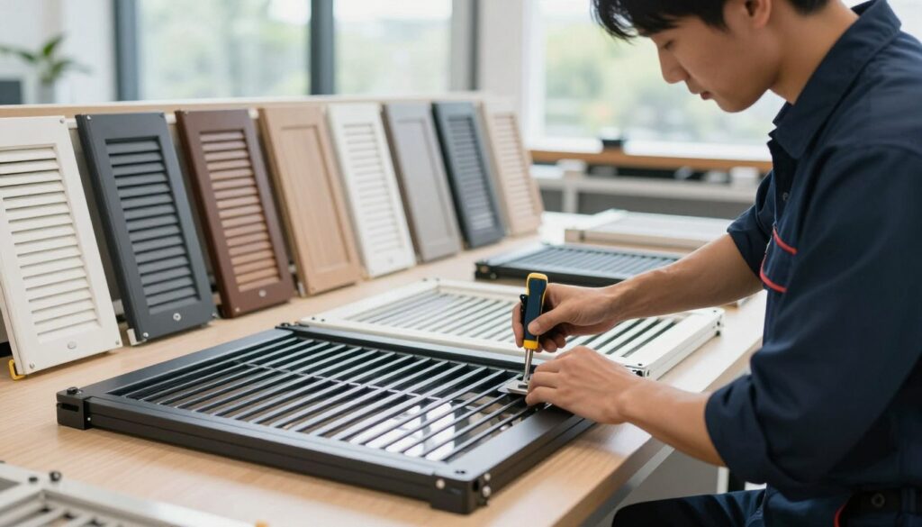 A well-lit, professional workspace showcasing a technician performing maintenance on a set of sleek, modern louvers, positioned in the foreground. The technician, dressed in smart casual attire, is using tools and inspection equipment to check the louver's functionality, reflecting a sense of diligence and expertise. In the middle ground, various louver types and finishes are neatly arranged, demonstrating a range of options available for privacy and aesthetics. In the background, there are large windows letting in natural light, with a hint of greenery outside, creating a serene atmosphere. The image should have a focused, clear depth of field, emphasizing the maintenance process while the background remains softly blurred, conveying professionalism and attention to detail.