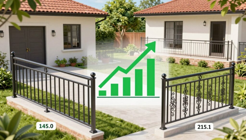 An illustration depicting a detailed comparison of cost-effective metal railings investment. In the foreground, showcase two distinct metal railing designs: one modern and sleek, the other traditional and ornamental, each labeled with a price tag. In the middle ground, include a clear, stylized graph indicating a rise in property value when metal railings are installed, with green upward arrows. The background features a contemporary home and an office space incorporating these railings, surrounded by lush greenery, symbolizing a well-maintained environment. Use bright, natural lighting to create a positive, inviting atmosphere, focusing on clarity and professionalism from a slightly elevated angle that captures all elements harmoniously.