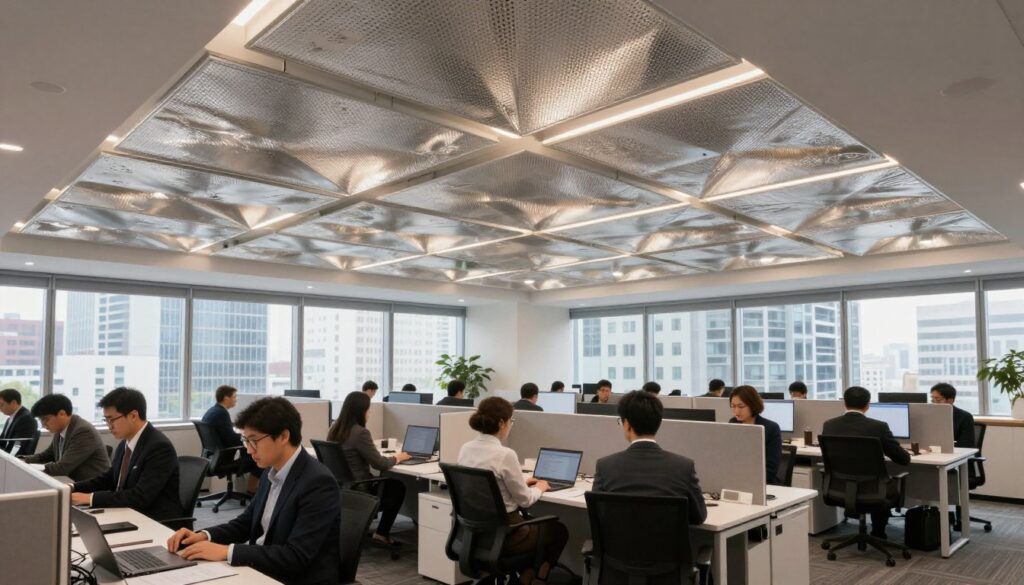 An open office environment featuring an acoustic performance, highlighting the impact of aluminum ceiling systems. In the foreground, a diverse group of professionals in business attire is engaged, seated at contemporary workstations with laptops and paperwork. The middle ground showcases sleek aluminum ceiling panels with intricate design, designed to enhance sound absorption. Soft, diffused lighting illuminates the space, creating a warm, inviting atmosphere. In the background, large windows allow natural light to flood in, overlooking a bustling cityscape. The overall mood reflects collaboration and focus, emphasizing the benefits of acoustic solutions in modern workspaces. The photography should capture the scene from a slightly elevated angle, emphasizing the architectural details of the ceiling and the lively interaction of the people below.