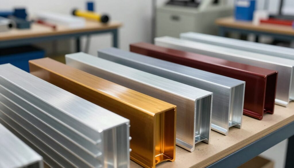 Anodized aluminum fins displayed in a technical workshop setting, showcasing various finishing options including vibrant colors and textures. In the foreground, close-up views of aluminum fins with a glossy anodized finish, reflecting light beautifully. The middle layer reveals different options like sleek powder-coated surfaces in matte and glossy finishes, arranged neatly. In the background, a bright and airy atmosphere with tools and machinery, hinting at the craftsmanship involved in producing these options. Soft, natural lighting enhances the metallic sheen, creating an inviting and professional mood. The perspective is slightly angled, allowing viewers to appreciate the depth and detail of the fins while emphasizing their potential for transforming a building’s appearance.