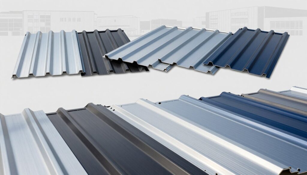 Close-up view of various metal roofing panel profiles designed for commercial buildings, showcasing a range of styles such as standing seam, corrugated, and smooth panels. The foreground highlights detailed textures and finishes of the panels, including metallic sheen and color variations like silver, matte black, and deep blue. In the middle, display a seamless layout of the panels arranged artistically on a light gray background for contrast. The background features faint outlines of commercial buildings to provide context without distraction. Soft natural lighting creates inviting shadows, enhancing the metal's reflective qualities. The overall mood is professional and informative, suitable for a technical article on roofing solutions.