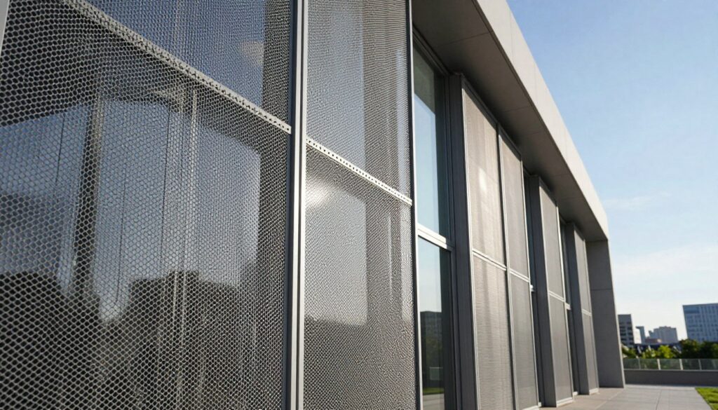Crimped wire mesh ventilation screens showcased as a key architectural element in a modern building facade. In the foreground, focus on a detailed close-up of the textured mesh, reflecting light that creates dynamic shadows and highlights the intricate design. In the middle ground, showcase the ventilation screens integrated seamlessly into a contemporary building, framed by large glass windows and sleek concrete. The background features a clear blue sky and a city skyline, emphasizing the stylish and functional aspect of these screens. The scene should be well-lit with soft, natural sunlight, conveying a sense of innovation and modernity. The overall mood is fresh and inspired, inviting viewers to appreciate the fusion of aesthetics and practicality in building design.