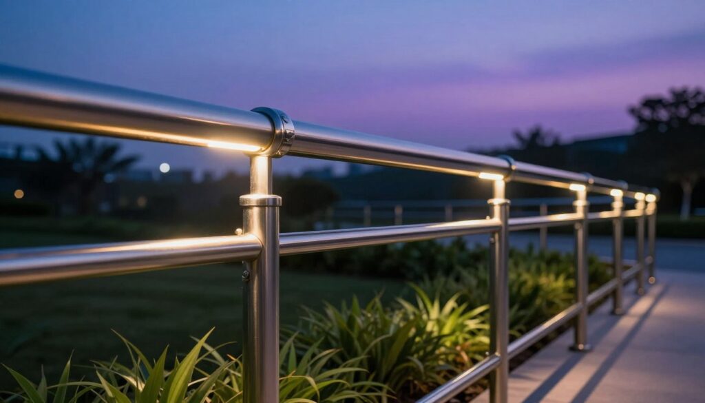 LED post caps illuminate a sleek metal railing in a modern outdoor setting. In the foreground, focus on the intricate design of the post caps, casting a warm, inviting glow. The metal railing is polished stainless steel, reflecting the light beautifully. In the middle ground, show a well-manicured garden with soft greenery, subtly blurred to emphasize the illumination of the railings. The background features a twilight sky, transitioning from deep blue to soft purple, enhancing the serene atmosphere. The lighting is soft yet vibrant, creating an inviting ambiance. A wide-angle perspective captures the elegance of the railing system while ensuring the integrated lighting solutions are the focal point, highlighting their functionality and aesthetic appeal.