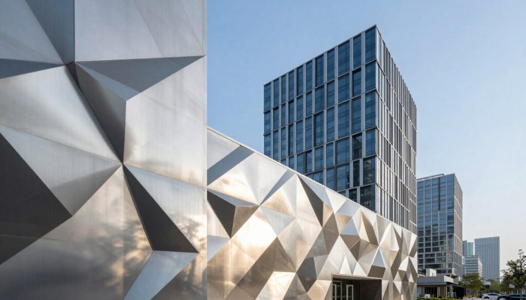 Modern architectural facades featuring sleek, custom aluminum patterns that showcase innovative design flexibility. The foreground highlights a close-up view of intricate, geometric aluminum panels, reflecting light in a dynamic interplay of shadows. In the middle ground, a contemporary building rises, adorned with these facades, emphasizing energy-efficient design. The background consists of a city skyline under a clear blue sky, contributing to a sense of urban sophistication. The lighting is bright and natural, with sunlight casting soft glows and sharp contrasts on the surfaces. Capture the mood of modernity and elegance, highlighting the aesthetic versatility of aluminum while conveying its durability. The perspective should be slightly angled to accentuate the depth and complexity of the facade design.