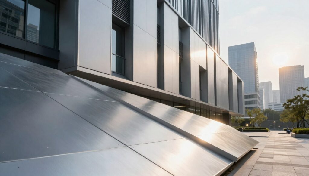 Precision-engineered metal panels seamlessly integrated into a modern building construction scene. In the foreground, sleek, custom-fabricated panels showcase their intricate textures and geometric shapes, reflecting sunlight with a polished sheen. In the middle ground, a contemporary facade displays an array of these panels, emphasizing their versatility and uniqueness as part of sustainable architecture. The background features a vibrant urban skyline, hinting at innovation and progress. Soft, natural lighting bathes the scene, creating a harmonious atmosphere while a slight lens flare adds depth to the image. The angle captures the panels from a dynamic perspective, highlighting their structural sophistication and craftsmanship, embodying the evolution of customized metal solutions in modern architecture.