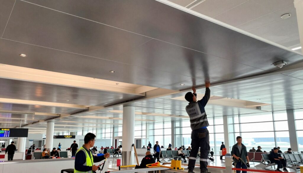 aluminum ceiling installation in airport terminal