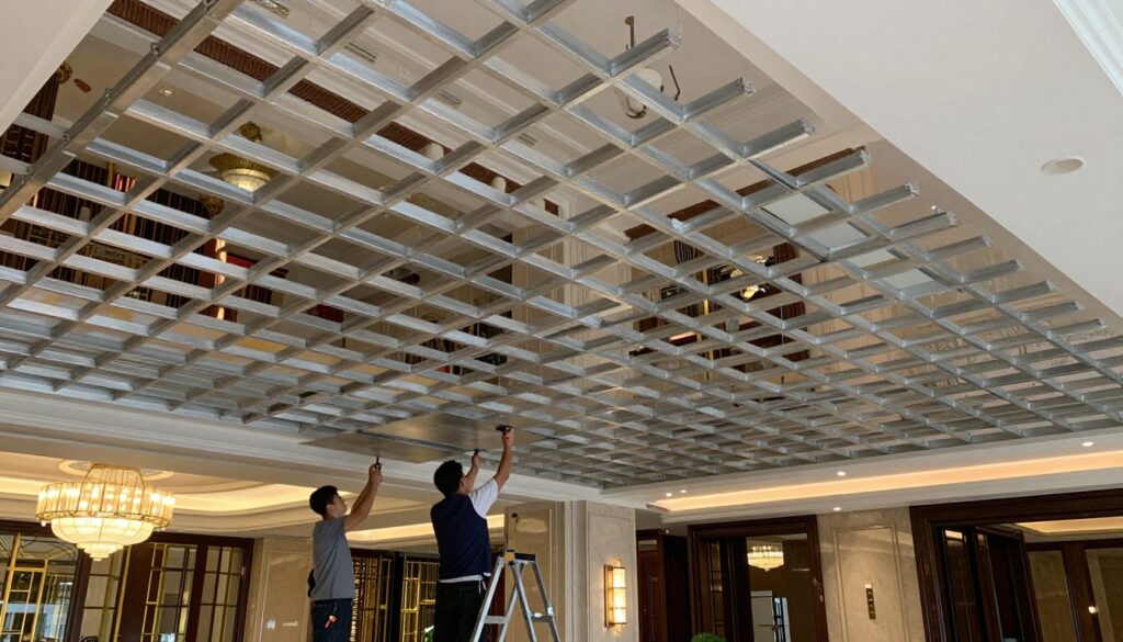 ceiling grid system installation in luxury hotel